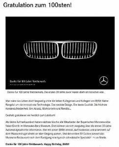 ​奔驰发祝贺宝马100周年生日海报 ＂遭宝马猛烈反击＂