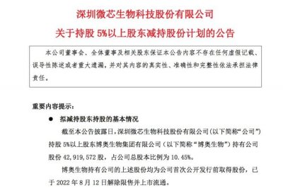 ​微芯生物：第一大股东博奥生物拟减持不超2%公司股份